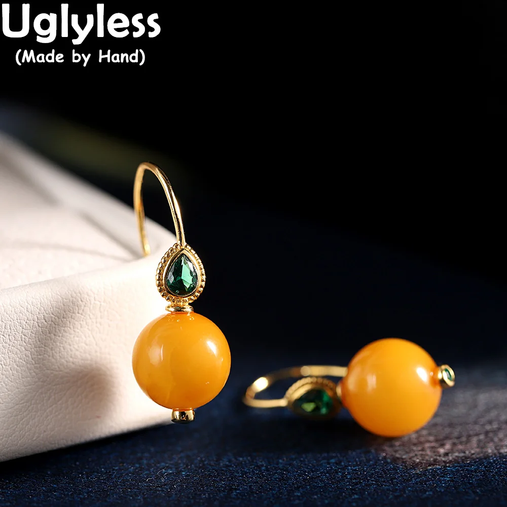 Uglyless Natural Old Beeswax Amber Earrings Women Simple Gemstones Balls Earrings Green Water Drop Crystals Brincos 925 Silver