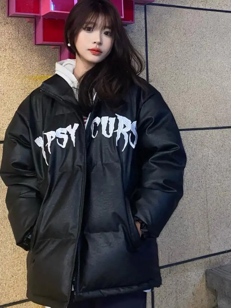 2024 Thick Warm Ins European and American Street Hip-hop PU Leather Cotton-padded jacket Outerwear Women's Winter Couple Swee...