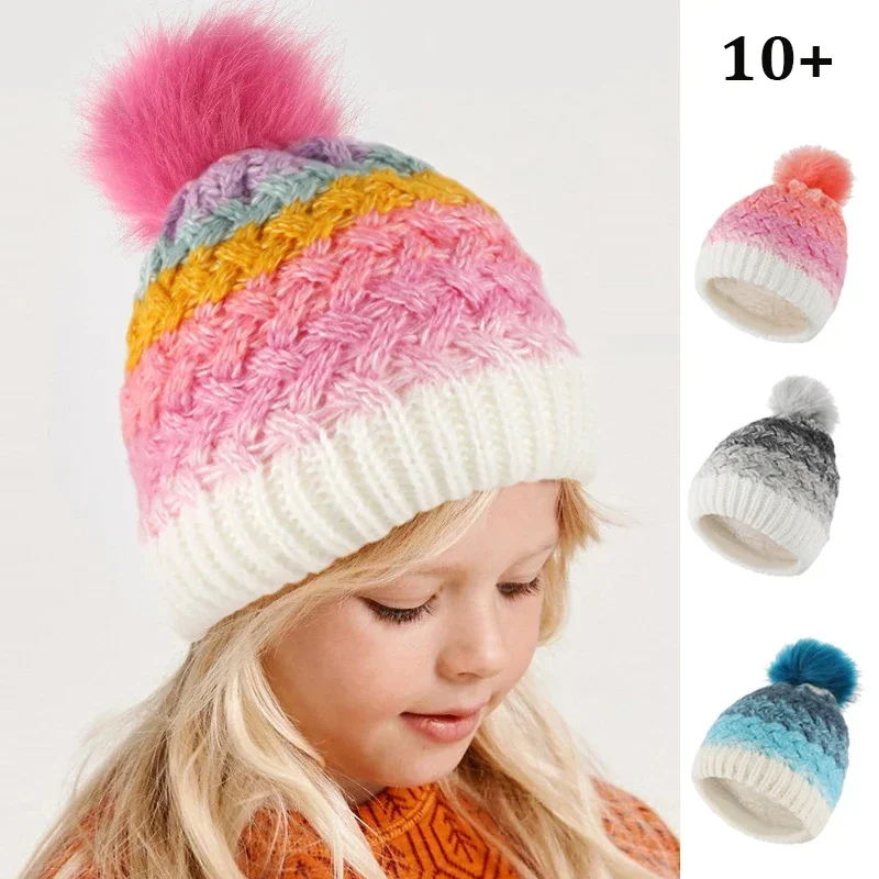 

Cute Fur Pompom Knit Winter Hat for Children Rainbow Striped Thick Warm Fleece-lined Winter Beanies for Girl Boy Bonnet Over 10Y