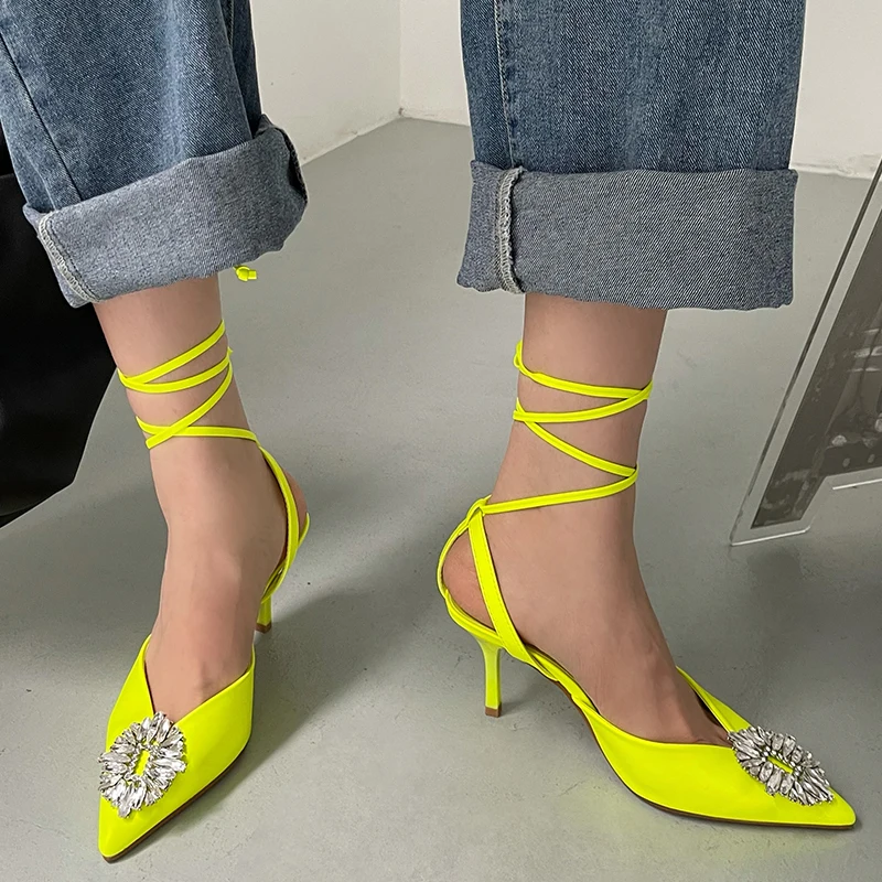 

2022 Ladies Cross-Tied Women Pumps High Heels Shoe Female Sandals Summer New Sexy Pointed Toe Rhinestones Shoes For Slides Pink