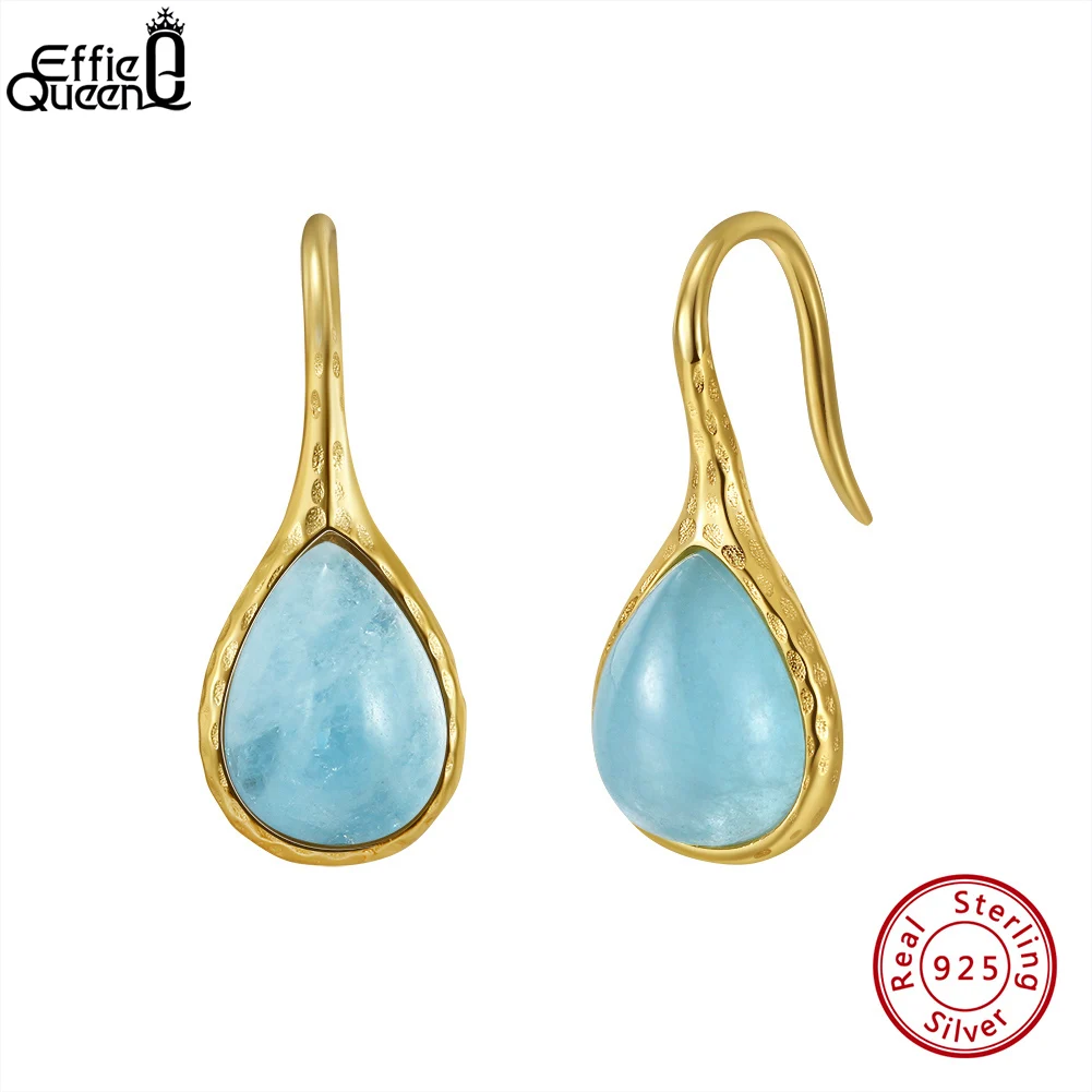 

Effie Queen Серьги-Подвески ручной работы натуральный Аквамарин 14K золотой цвет 925 Стерлинговое серебро драгоценный камень капли для ушей женски...