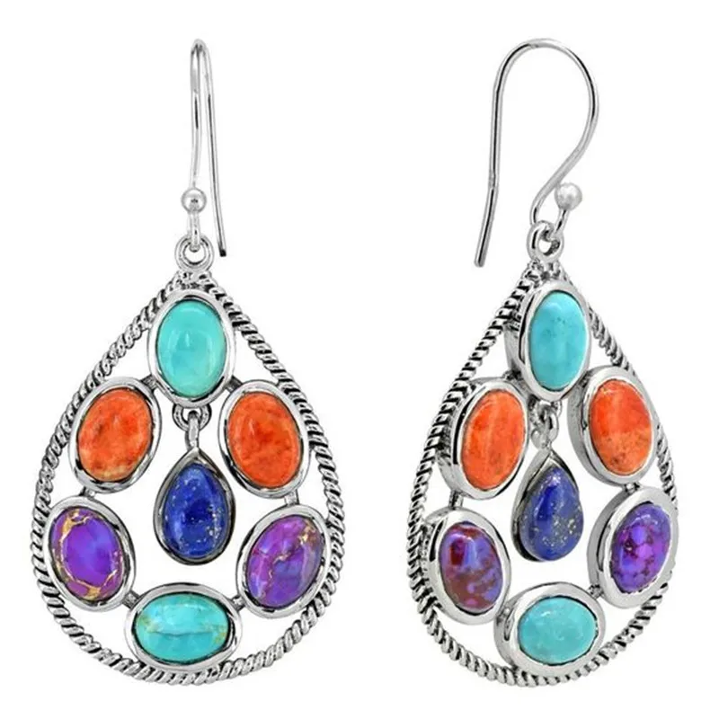 

Luxury Silver Color Drop Earrings Fashion Metal Set Multicolor Stone Lapis Lazuli Statement Drop Earrings