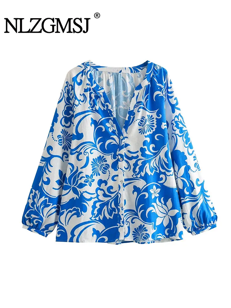 

Nlzgmsj TRAF Women Spring Autumn Fashion Floral Print Shirts Vintage Long Sleeve Front Button Female Blouses Chic Tops