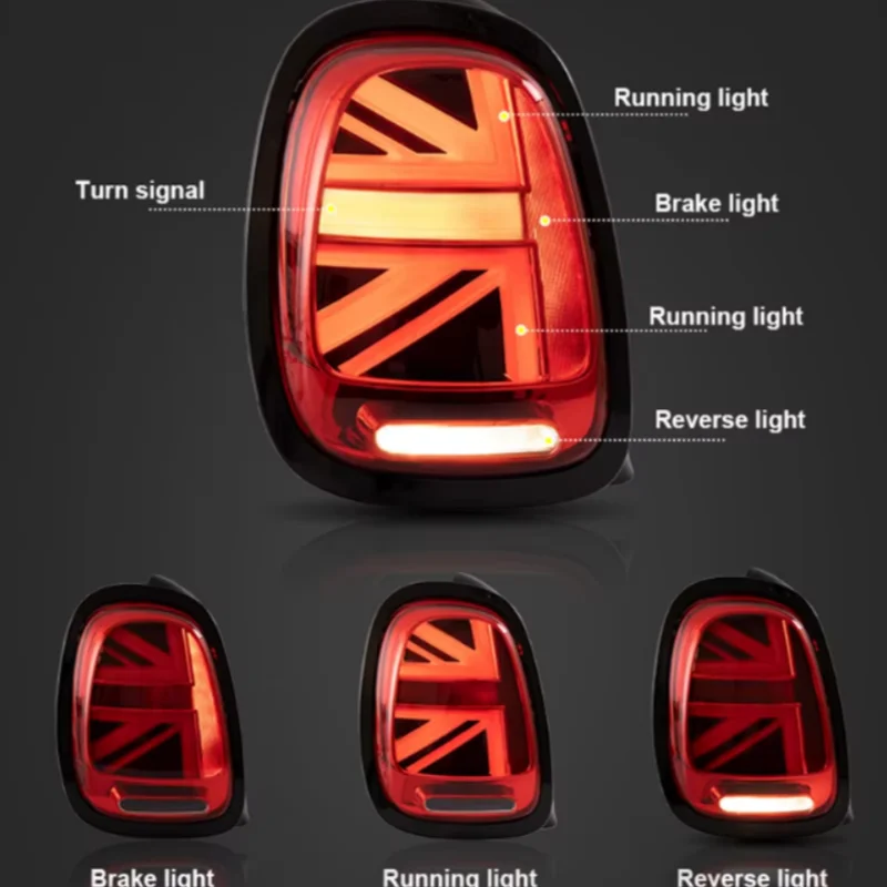 Фото Задние фонари для Mini Cooper F55 F56 F57 2014-2019 годов выпуска, дизайн UNION JACK LCI, красные линзы, с анимацией №2