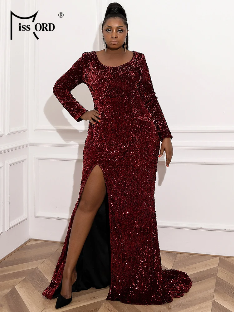 Missord 2021 Women Plus Size O Neck Long Sleeve Bodycon Prom Sequins Evening Party Elegant Maxi Dress Side Split Ladies Dresses