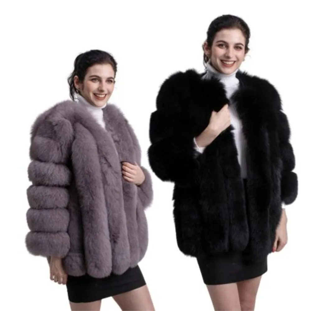2023 New Women Winter Real Fox Fur Coat Plus Size Thicken Warm Long Sleeve Fur Fashion Ladies Luxury Real Leather Fur Jacket
