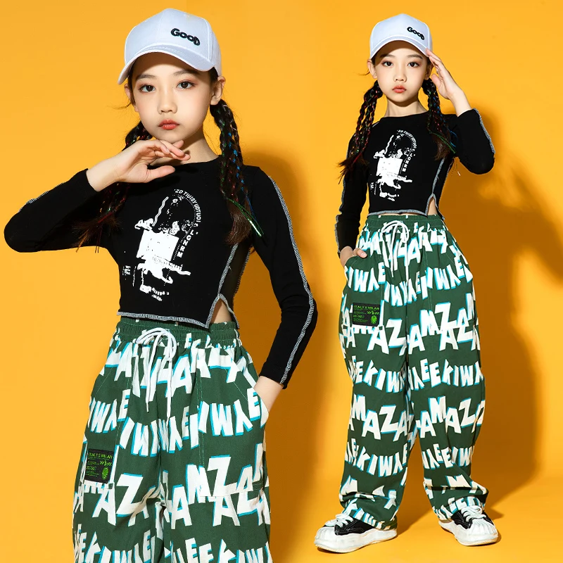 

Girls Teenage Streetwear Clothes Hip Hop Clothing Crop Black Tank Tops Print Jogger Pants For Kids Showing Jazz Dance Costume