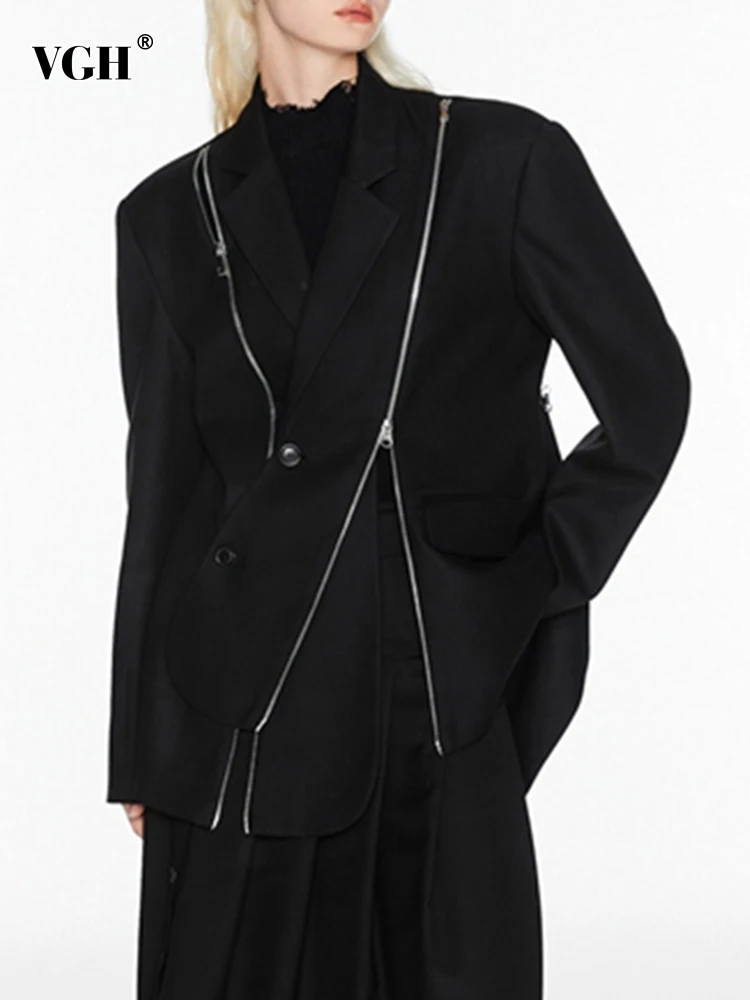 

Женский Повседневный Блейзер на молнии VGH, однотонный свободный минималистичный блейзер с английским воротником и длинным рукавом, с асимметричным подолом, в стиле пэчворк