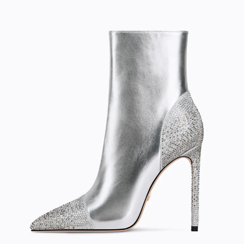 2022 Winter New Fashion Stitching Rhinestone Large Size Stiletto High Heel Short Boots Women's Boots