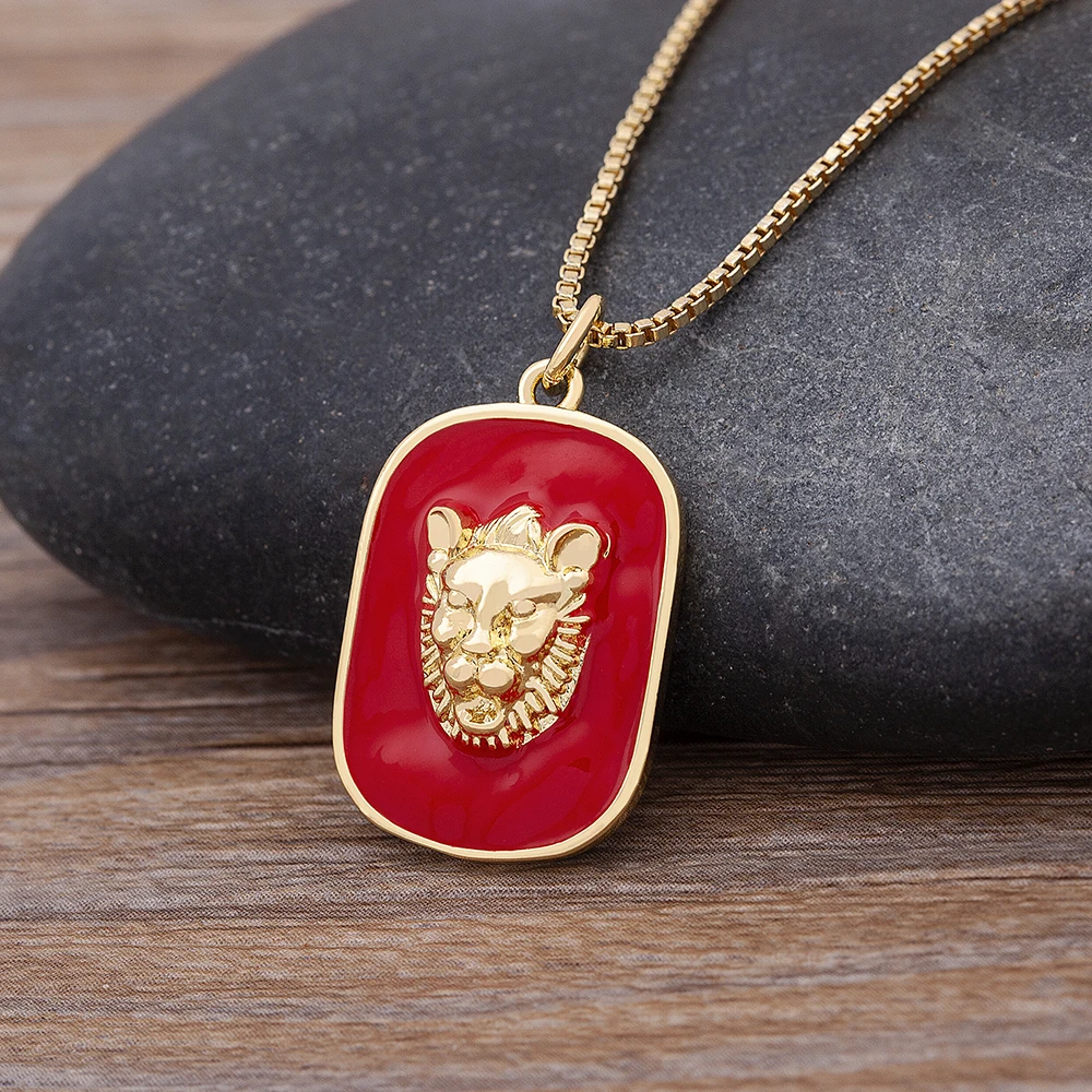 

AIBEF New Fashion Enamel Geometric Lion Head Embossed Drop Oil Pendant Gold Necklace Women's Punk Hip Hop Animal Jewelry Gifts