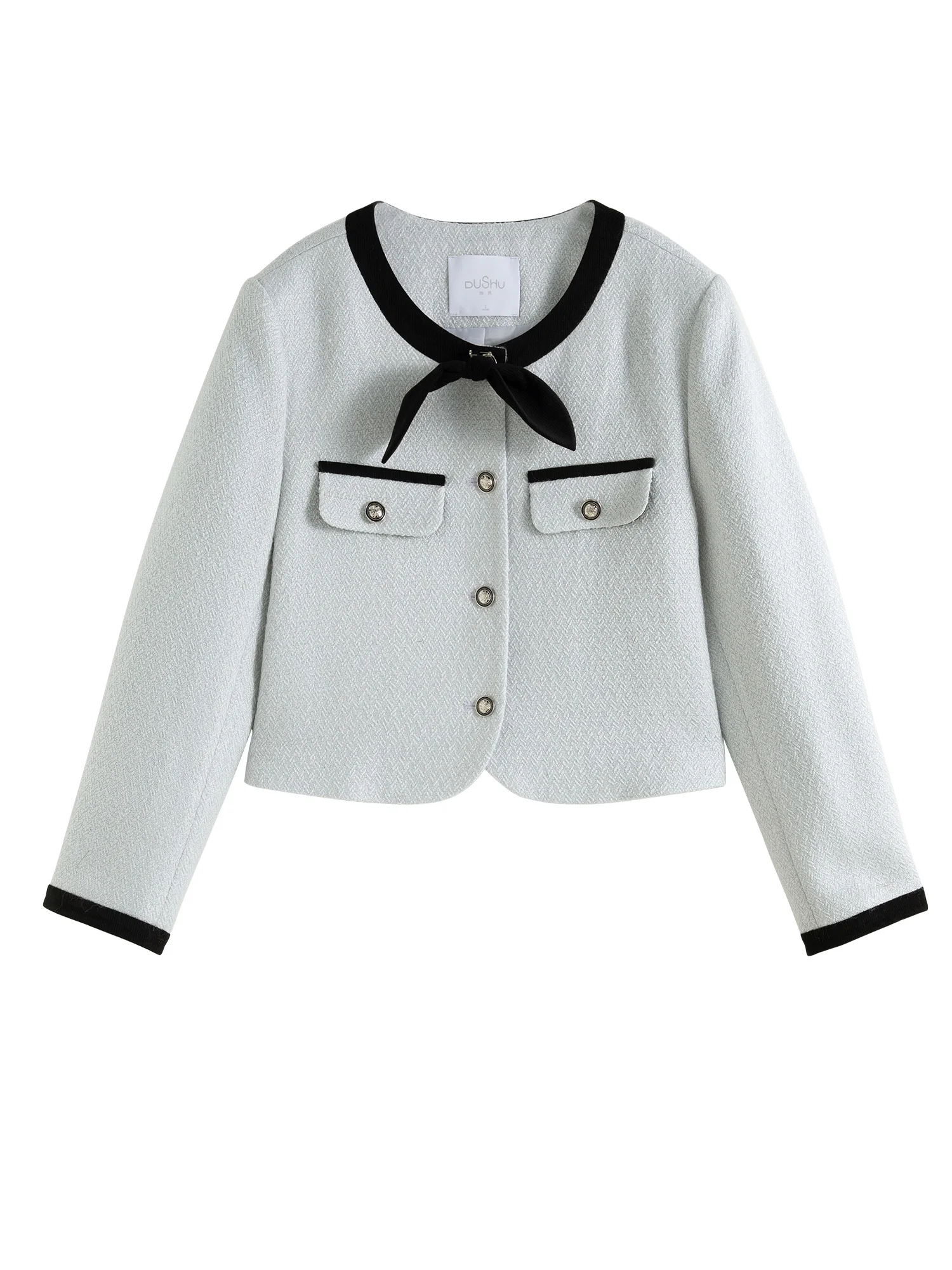 DUSHU Женская синяя твидовая куртка Нежный стиль Короткое пальто с круглым вырезом