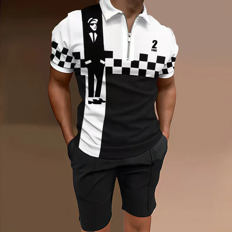 Polo Suit Men's Suit 2023 Summer Striped Slim Zipper Short Sleeve and Drawstring Casual Shorts Sportswear For Men