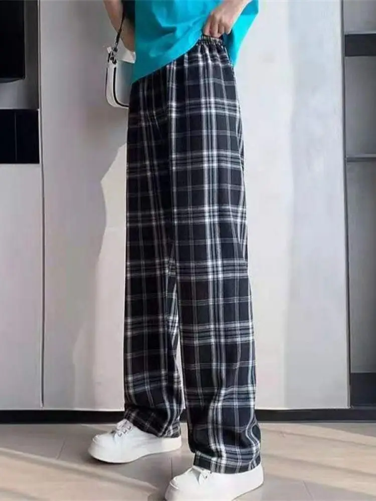 Брюки женские тонкие в клетку повседневные свободные штаны с широкими штанинами