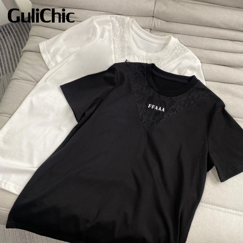 

Женская Кружевная футболка GuliChic 5,24 с коротким рукавом и буквенным принтом, летняя новая Удобная Повседневная футболка
