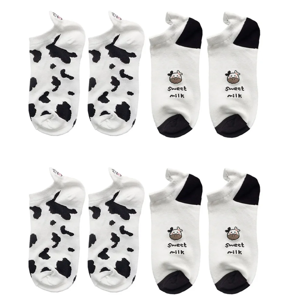 

4 Pairs Lovely Cow Pattern Short Socks Creative Printing Socks Anklet Sock