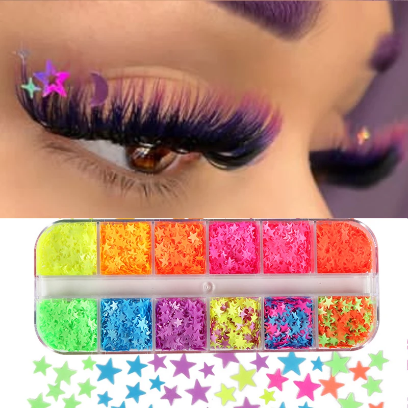 12 Grids Mix Color Fluorescence Eyelash Decoration Nail Art Slices Glitter Colorful False Lash Nail Sequins Art Accessories