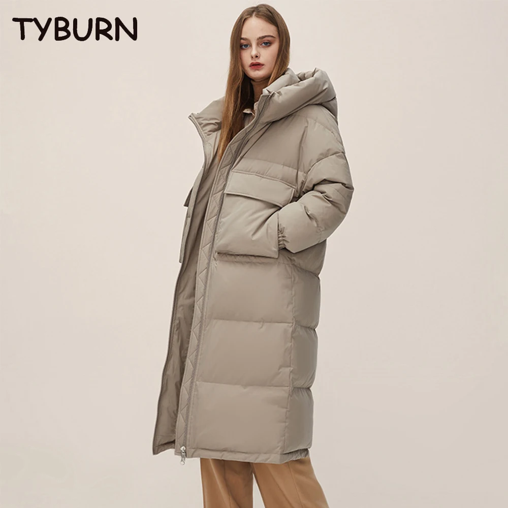 

TYBURN Winter Coat For Women Style Long Down Jacket With Thick Hood For Warmth Cold Solid New In Outerwears Coat