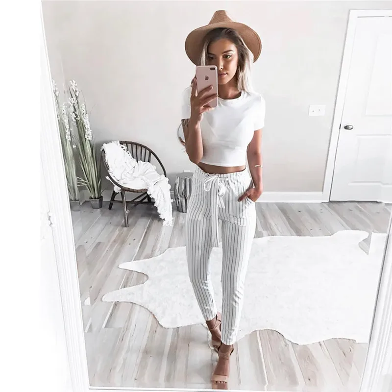 

2023 Women Fashion Casual OL Pencil Pants Bow Tie Drawstring Sweet Elastic Waist Pockets Casual Trousers Slim Strip Pants