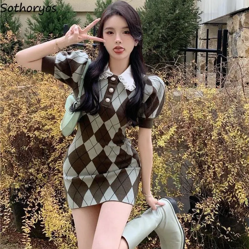 

Dress Women Vintage Knitting Minimalist Puff Sleeve All-match Elegant Popular Plaid Casual American Style Tender Summer Female