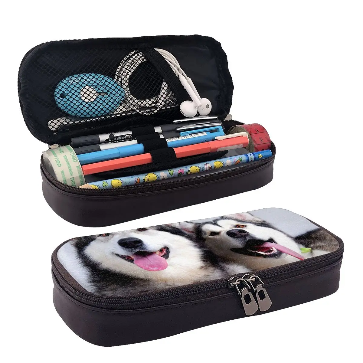 

Husky Leather Pencil Case Zipper Pencil Box Stationery Pen Pouch for Boys Girls School Students Work Office