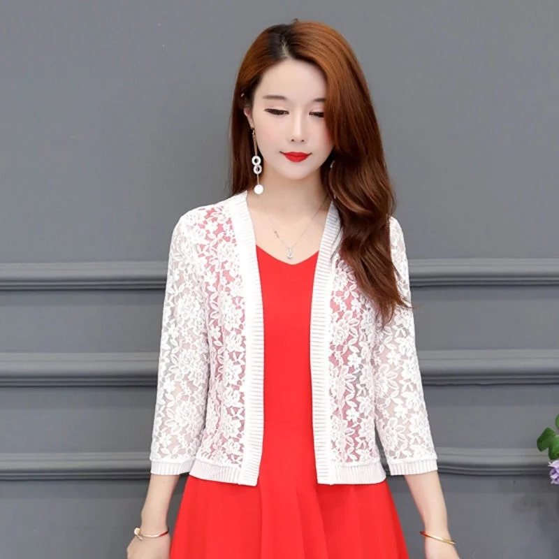 

Летняя Свободная рубашка-пиджак для защиты от солнца с кондиционированием воздуха, Женская однотонная Повседневная тонкая кружевная блузк...