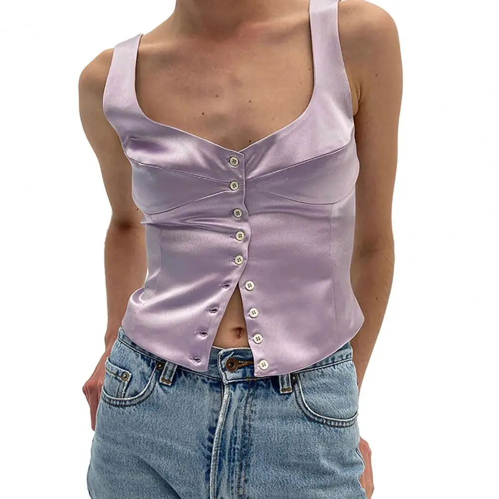 

Round Collar Single Breasted Tank Top Women 2022 Summer Sexy Sleeveless Elegant Crop Top Solid Casual Ladies Streetwear