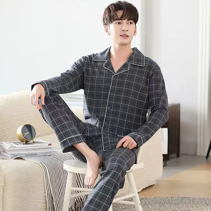 100% Cotton Pajamas Sets For Men Long Sleeve Trousers Lounge Sleepwear Pyjamas Male Home Clothes 2 Pieces /Sets Homewear