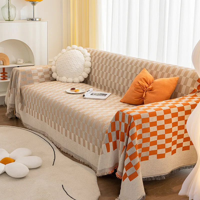 

Two-color Lattice Universal Large Sofa Towel Blanket Knitted Cotton Sofa Cover Four Season All-inclusive Sofa Slipcover Cushion