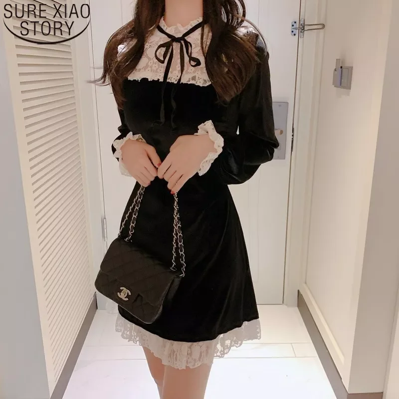 Party Dresses Women Lace Dress Korean Mini Black Dress 2022 Velvet Long Sleeve Vestido Casual Fashion Clothes 12261