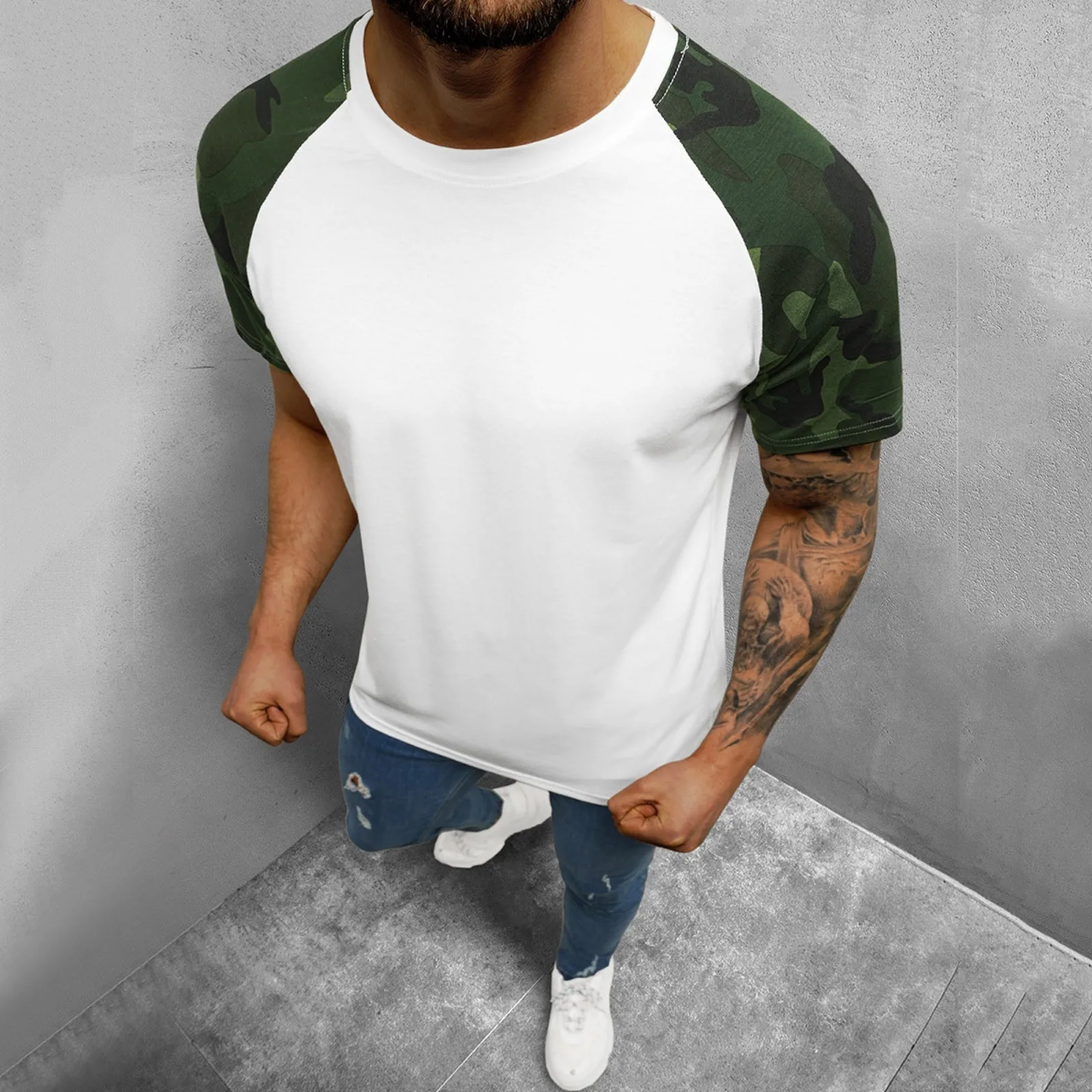 

Футболка мужская с круглым вырезом, повседневная камуфляжная рубашка в стиле пэчворк, с коротким рукавом, Рашгард, свободная майка, повседн...