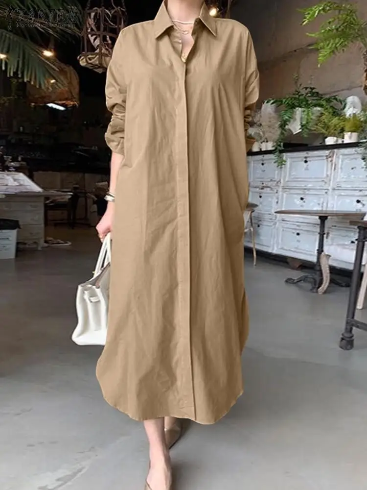 

ZANZEA 2023 Spring Lapel Neck Long Sleeve Sundress Long Shirt Dress Fashion Solid Kaftan Causal Loose Work Vestidos Robe Femme