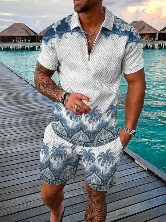 

Summer New Men's Cool Polo Shirt+Shorts Set Fashion Tracksuit Casual Turn Down Collar Zipper shirts 3d Print Outfit Street Suit