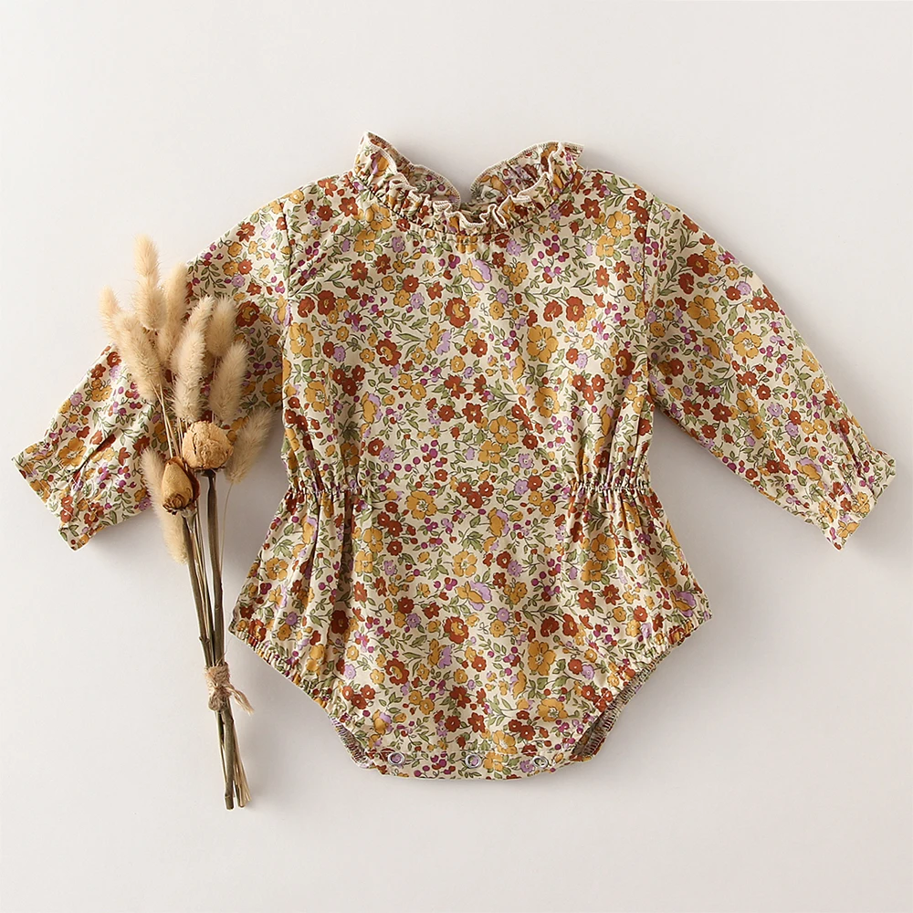 Vintage Floral Baby Girl Clothes 0-2Y Long Sleeve Romper Jumpsuits One-piece Fashion Linen Cotton Newborn Baby Girl Rompers