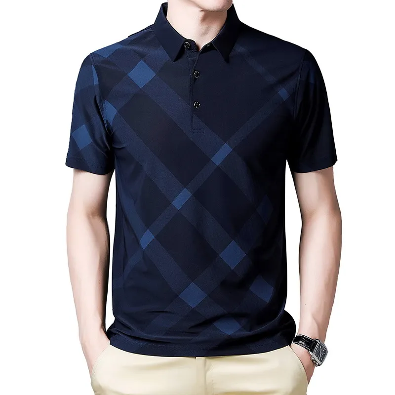 

Рубашка-поло мужская с отложным воротником, ледяной шелк, короткий рукав, Повседневная модная деловая, свободная, с воротником, 2022, лето 20118