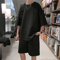 summer waffle t shirt simple leisure fashion sports suit mens hong kong style ins loose solid color short sleeved capris two pi
