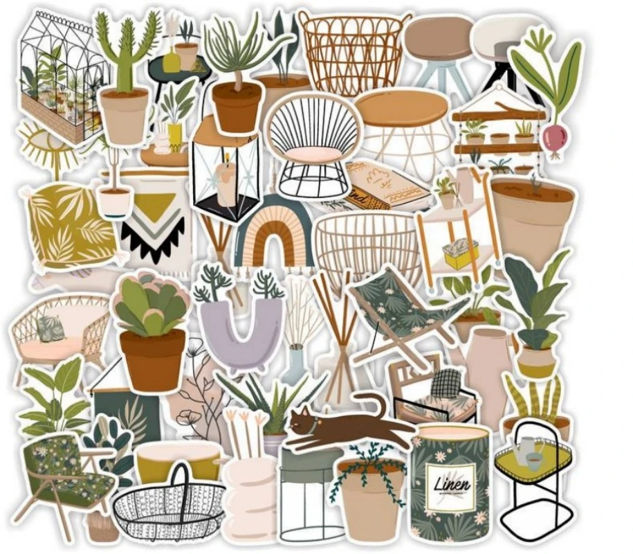 

50 шт., стильная мебель Ins, зеленые растения, Мультяшные граффити, декоративные наклейки для багажа, компьютера, детской стены, велосипедный х...