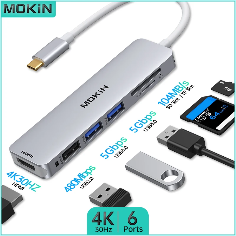 

Док-станция MOKiN 6 в 1 для MacBook Air/Pro, iPad, ноутбука Thunderbolt — USB2.0, USB3.0, HDMI 4K30 Гц, устройство чтения карт SD