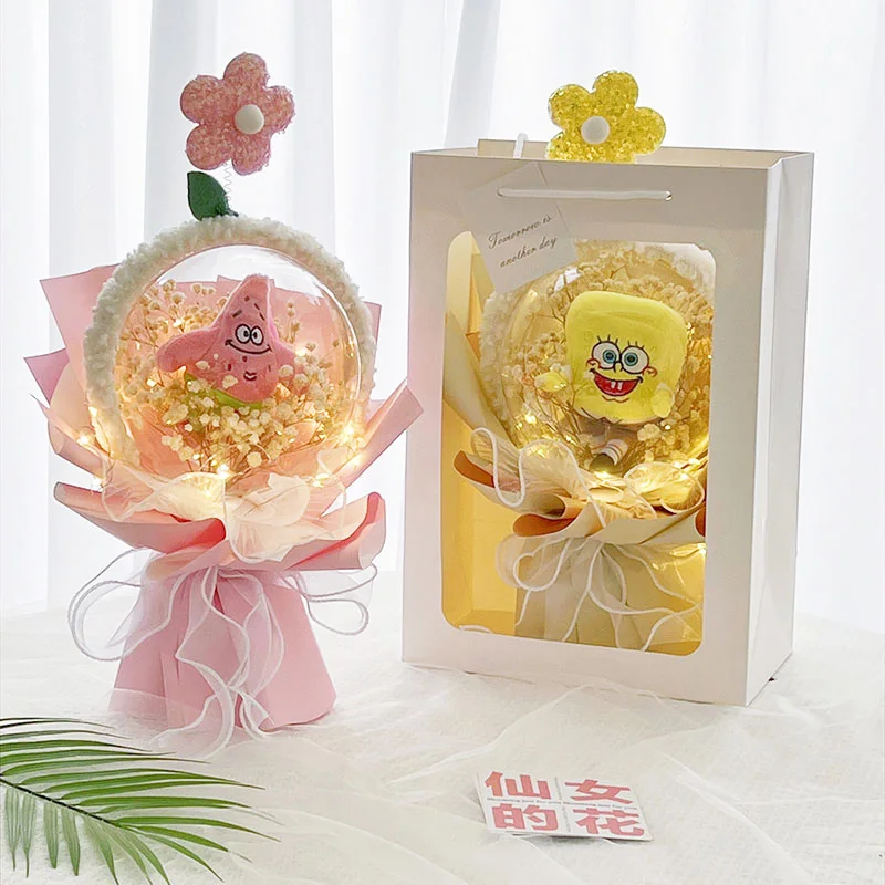 

35Cm Spongebob Squarepants Doll Bouquet Finished Gift Box Patrick Star Kawaii Plush Birthday Gift for Girlfriend Valentine's Day