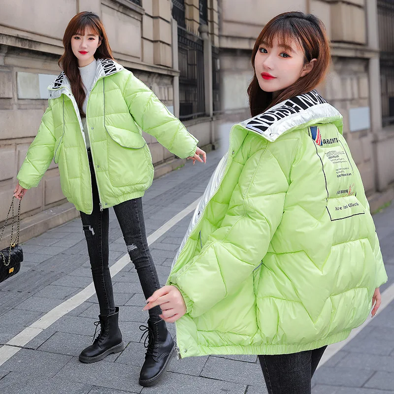 Women Oversized Bubble Coats Thick Letters Embroidery Puffer Jackets 2021 Female Autumn Winter Short Glossy Stand Collar Coat