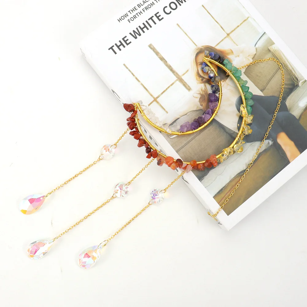 Handmade Natural Reiki Ore Amethyst Gravel Moon Sun Catcher With Glass Crystal Drop Pendant Christmas Gift Wind Chimes Hanging