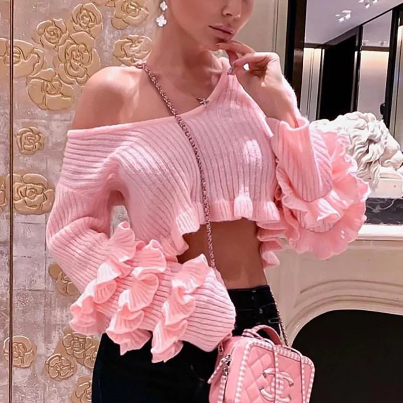

Women's Winter Hot Quality Elegant One-Line Neck Long Sleeve Pullover Ruffle Sweater Top