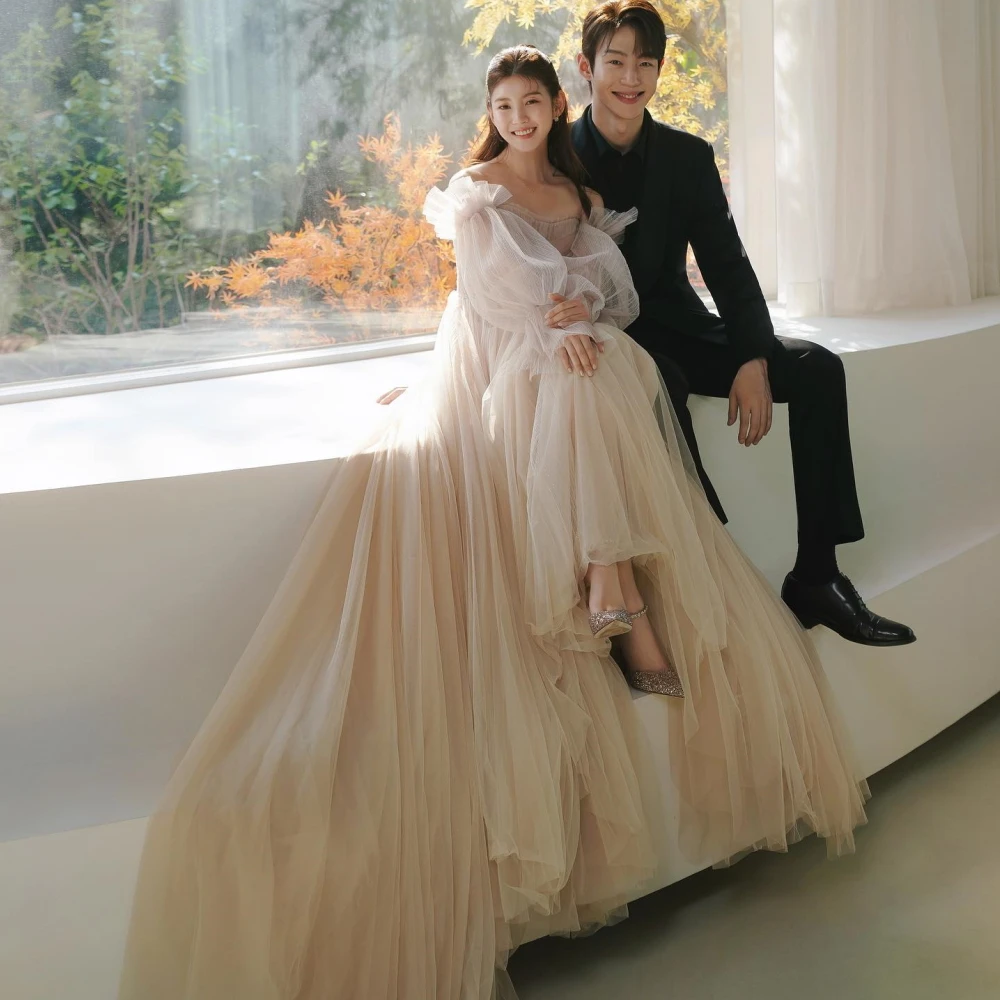 

SONDR Puff Sleeves Off the Shoulder Wedding Gown Tulle A-Line Corset Korea Romantic Brides Vestido De Noiva Women Bridal Dresses