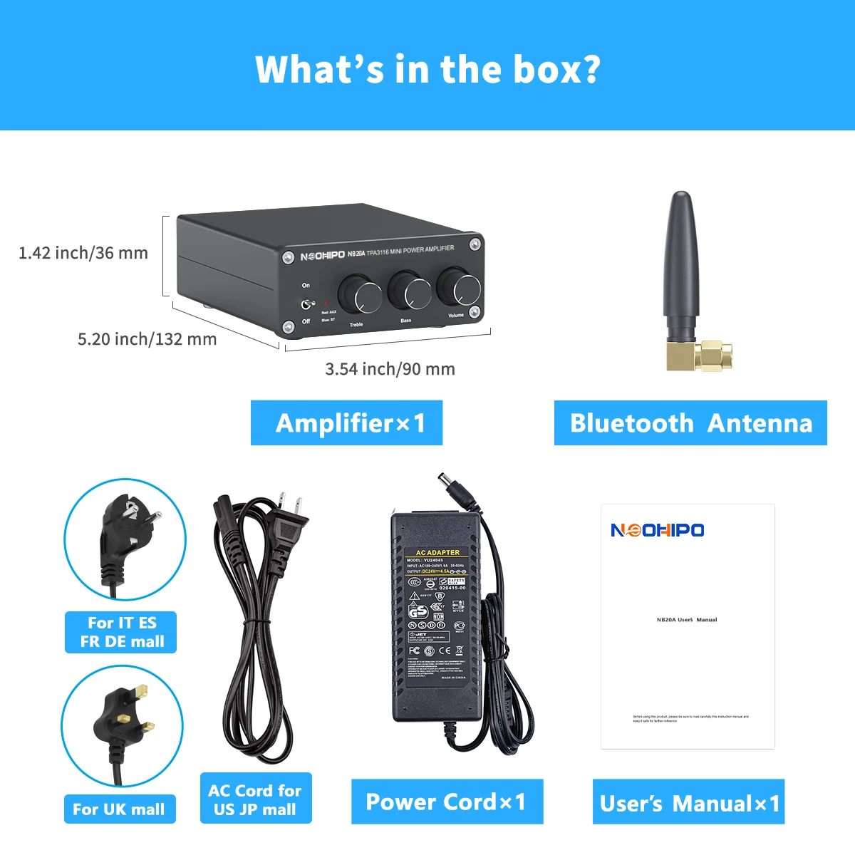 NEOHIPO Bluetooth стерео аудио приемник усилитель TPA3116D2 100 Вт x2Class D мини Hi-Fi Встроенный для