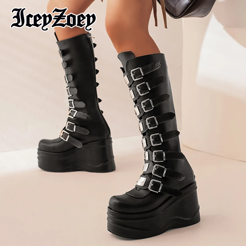

IceyZoey Size 34-43 Long Boots For Women Thick Bottom Platform Buckle Punk Shoes Fashion Knee Boots Casual Female Footwear