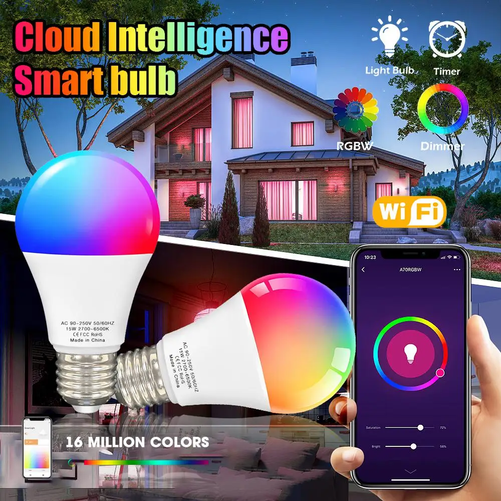 

Hot 15E/9W Tuya WiFi E27 B22 Smart Dimmable Bulb RGBCW 100-240V LED Light Smart Life App Control Support Alexa Google Home Alice