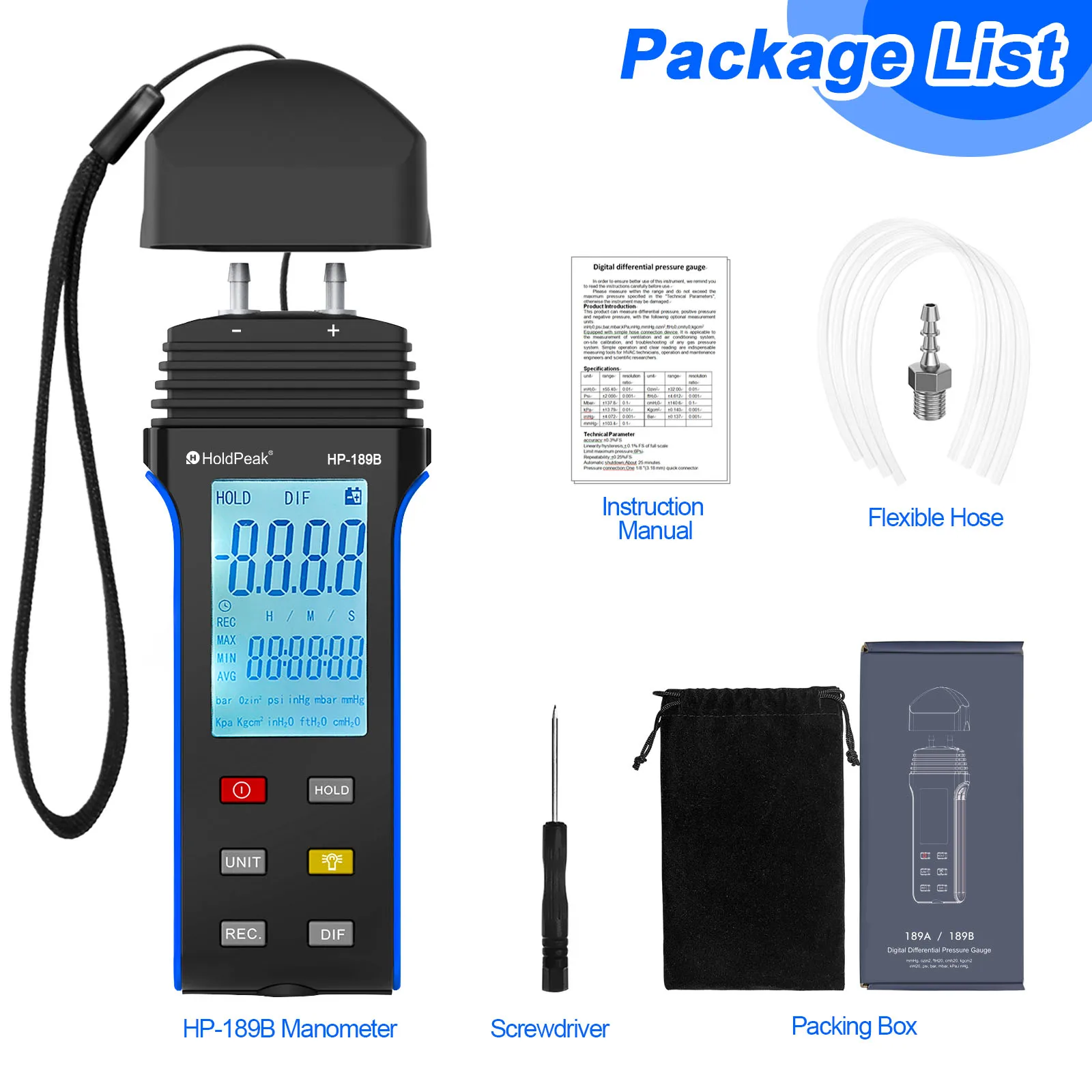 

HoldPeak HP-189A Цифровой манометр 2-портовый