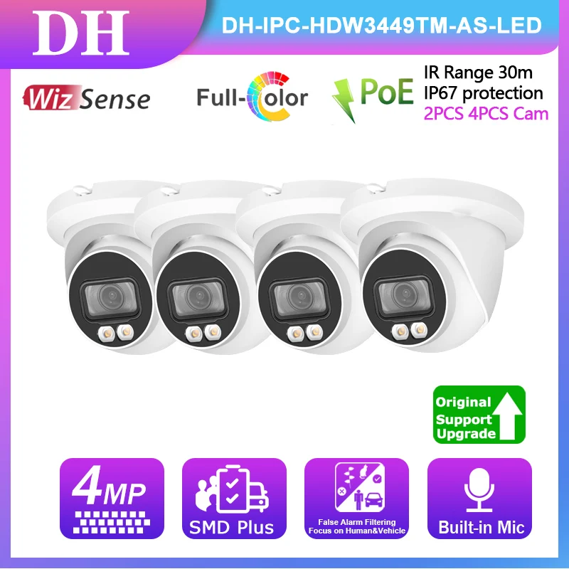 

Dahua WizSense 4PCS 2PCS 4K Full Color Webcam IPC-HDW3449TM-AS-LED with SD Card Outdoor Camera PoE Security Accurate Detection
