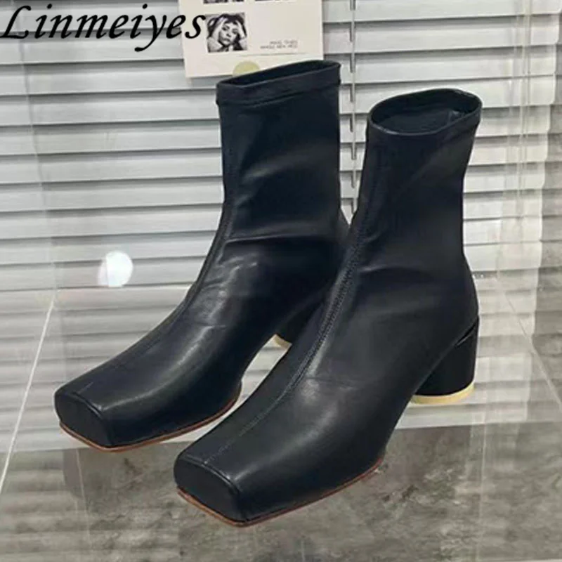 

Новые женские ботинки стрейч на высоком каблуке с квадратным носком