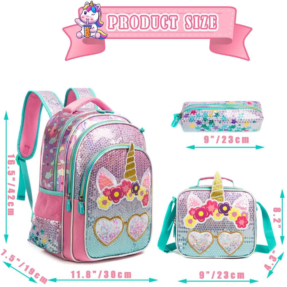 BIkab 3 Piece Set School Bags for Girls  Unicorn Pink Sequins Waterproof  Kids Backpack School Bags Shoulder Kawaii Backpack