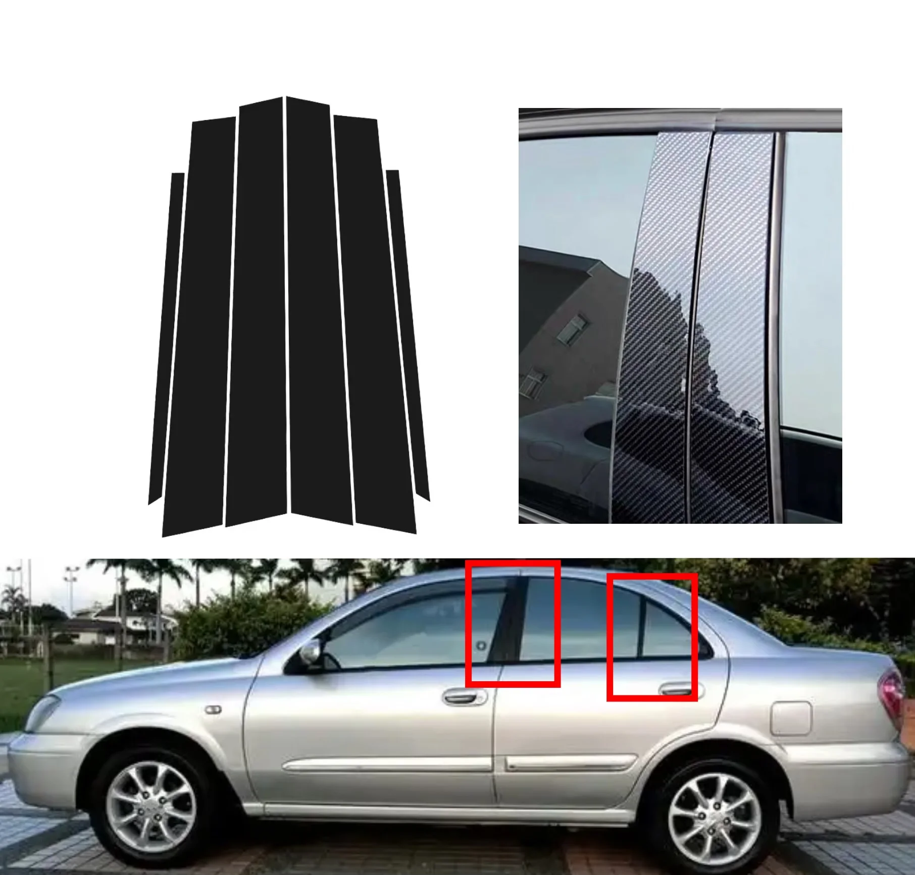 Фото 6 шт. глянцевая черная стойка из углеродного волокна, подходит для Nissan Sentra B15 2000 2001 2002-2006, оконная дверь, наклейка B CCover №1